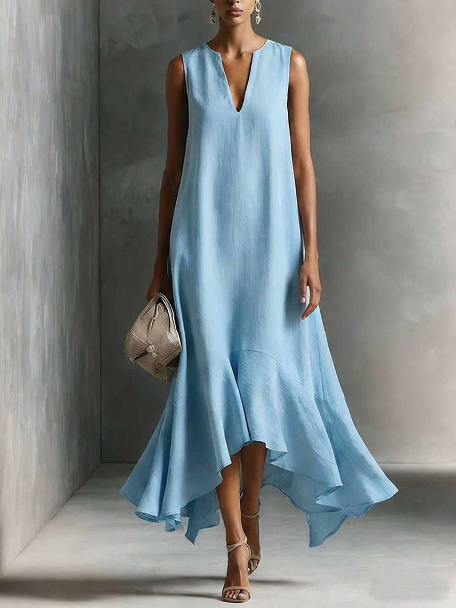 Women's V-neck Sleeveless Casual Loose Linen Dress