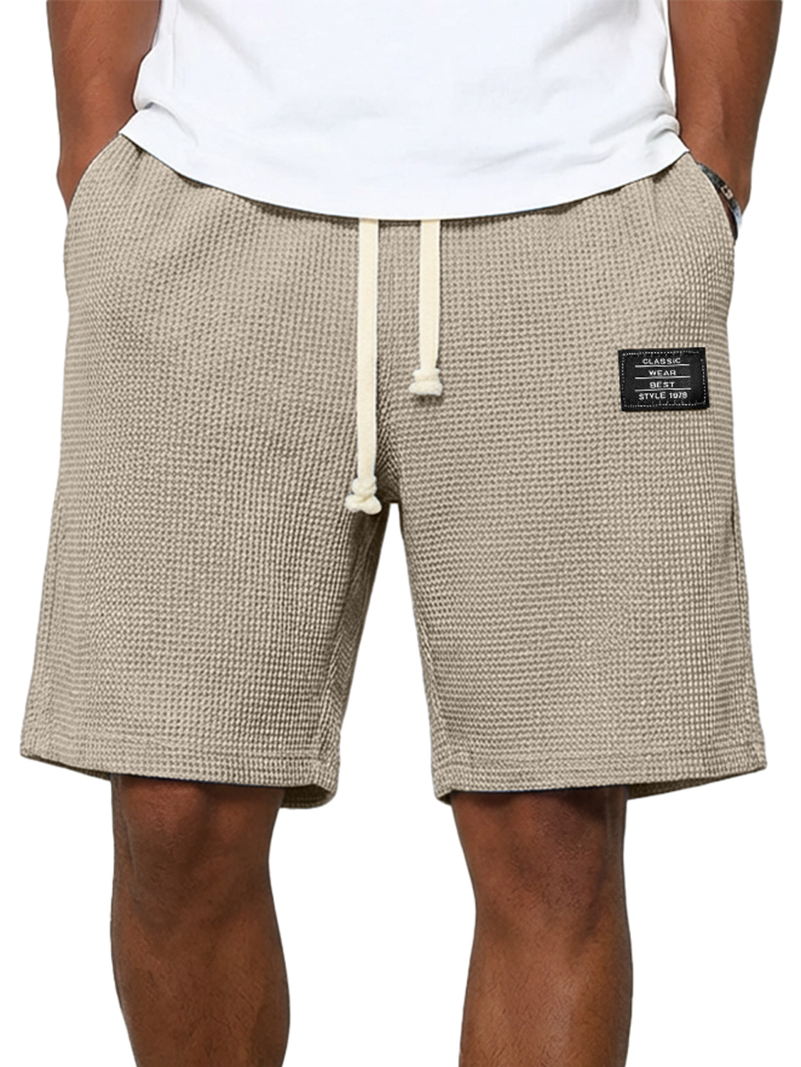Men's Simple Waffle Embroidered Logo Casual Solid Color Shorts