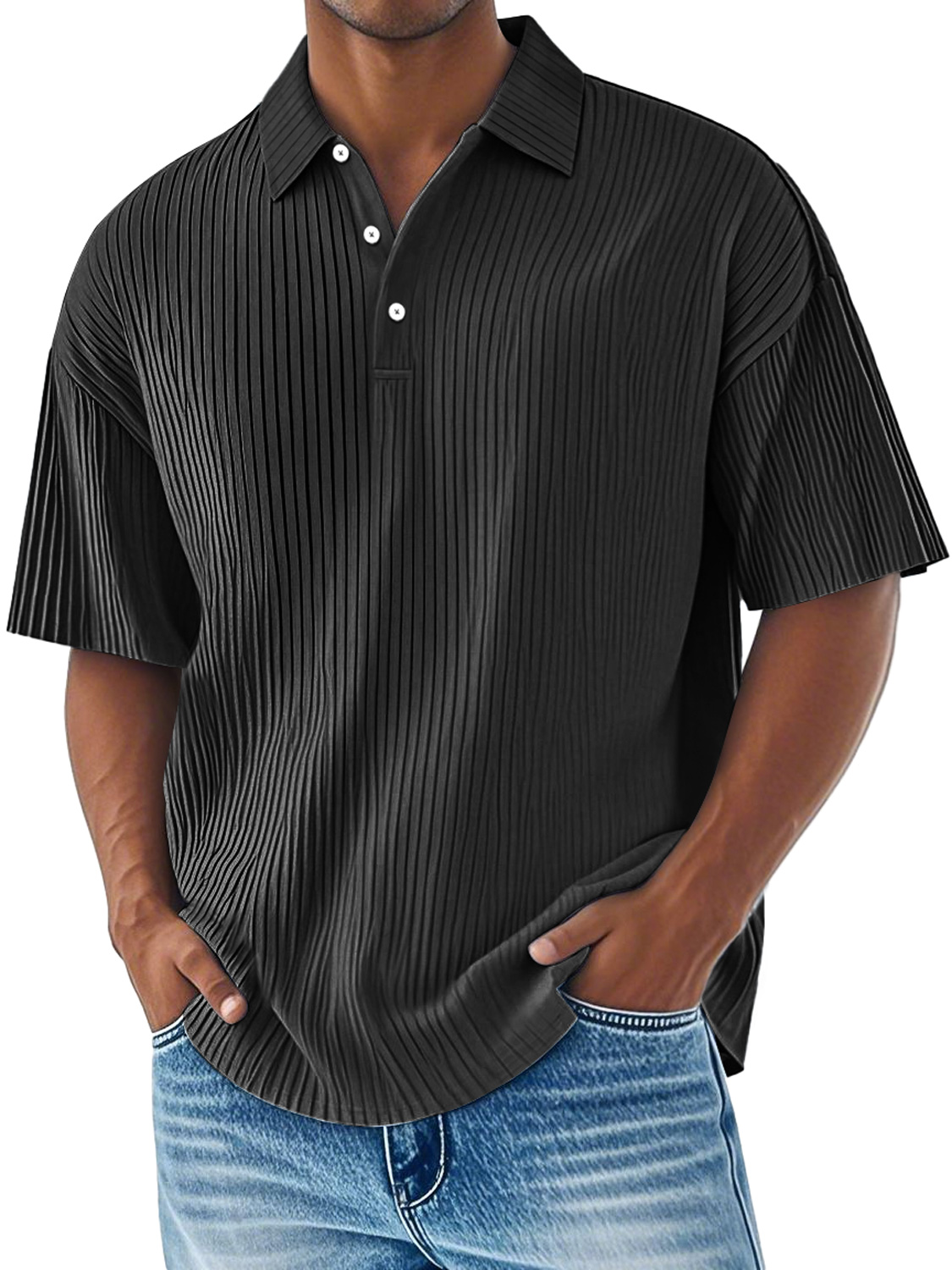 Men's Daily Ribbed Lapel Button Casual Comfortable Short-sleeved Polo Shirt