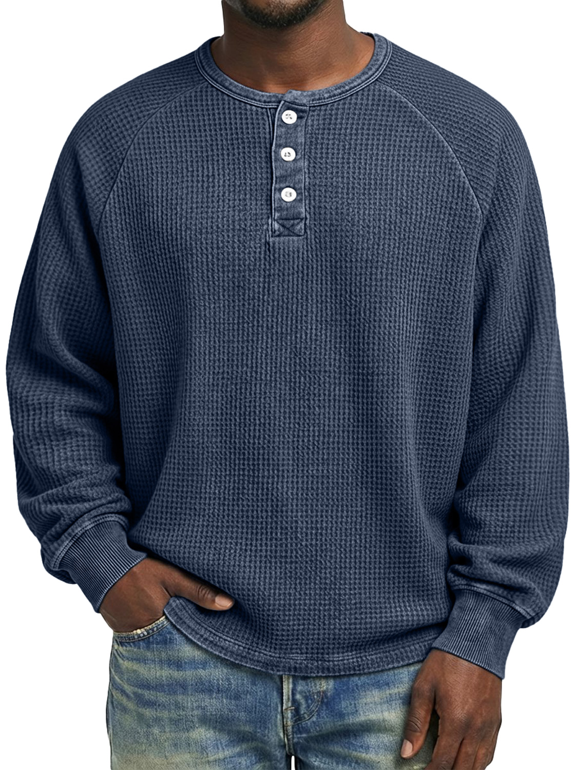 Men's Casual Raglan Sleeve Waffle Knit Comfortable Long-sleeved Henley Shirt