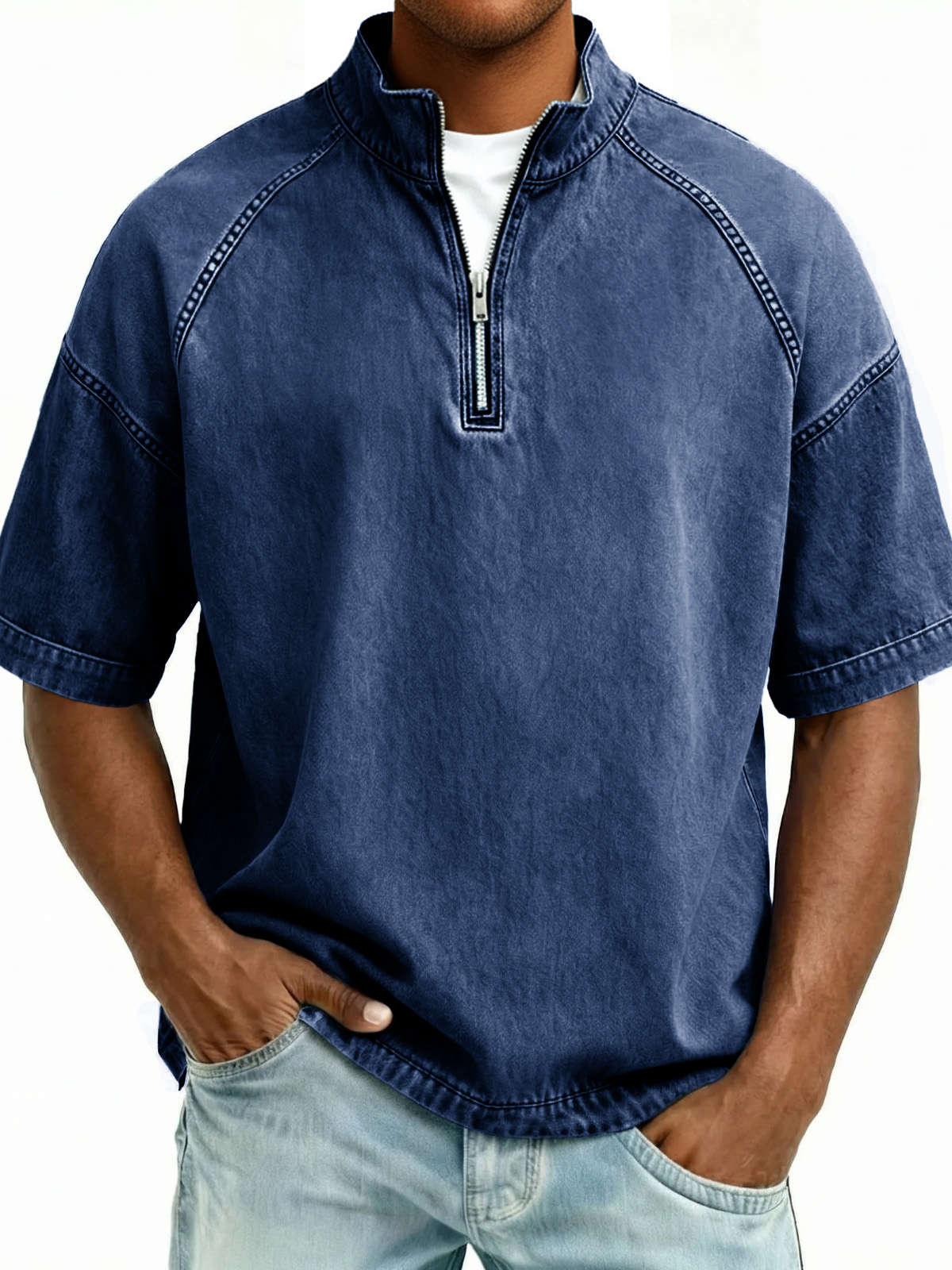 Men's Distressed Stand Collar Zipper Short-Sleeve Top