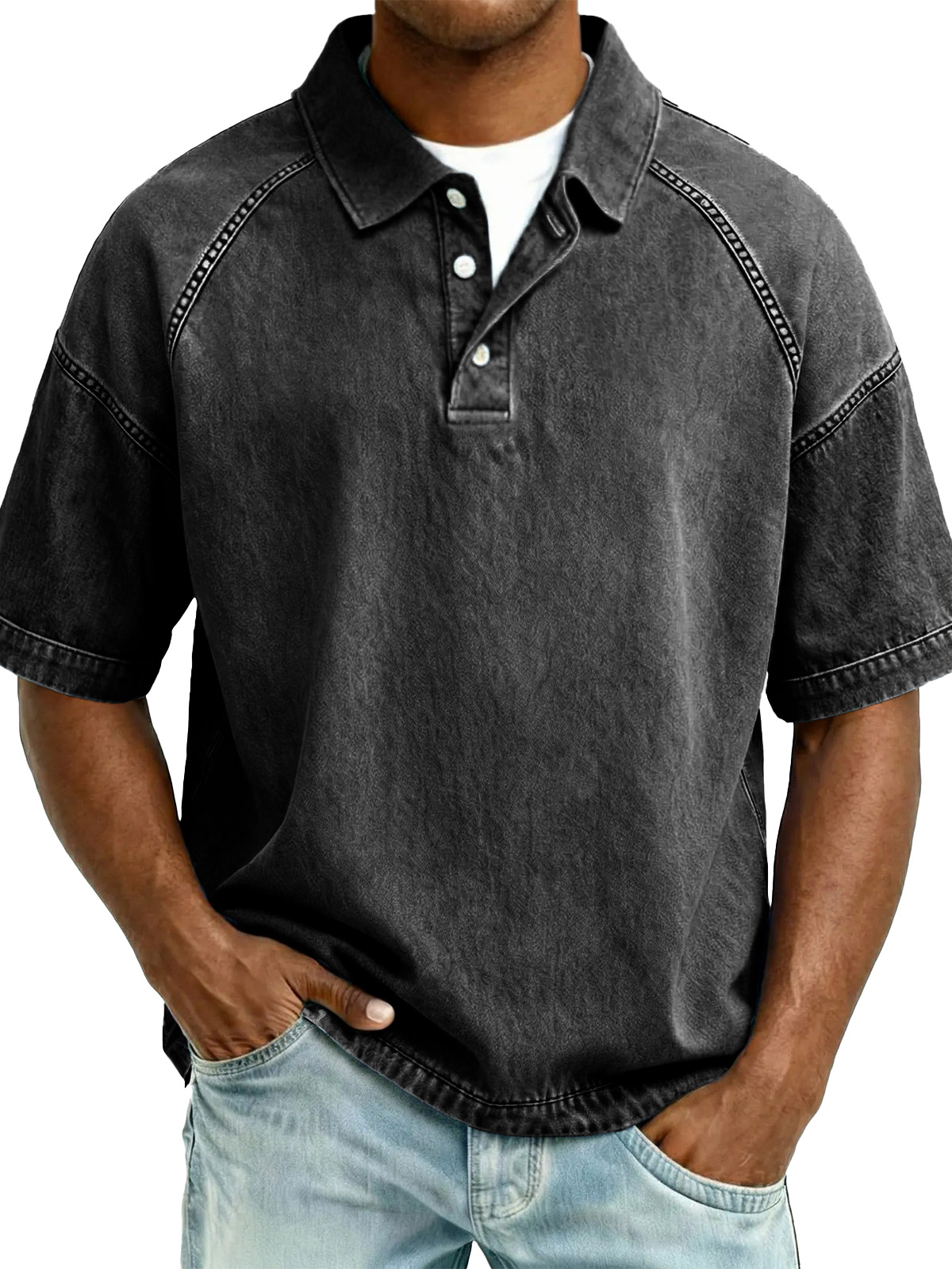 Men's Retro Distressed Raglan Short-Sleeve Polo Shirt