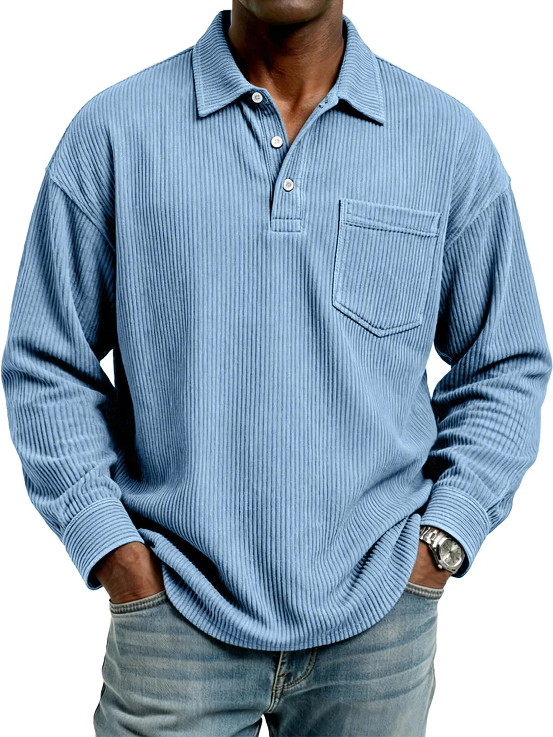 Men's Retro Corduroy Lapel Button Casual Pocket Long-Sleeve Polo Shirt