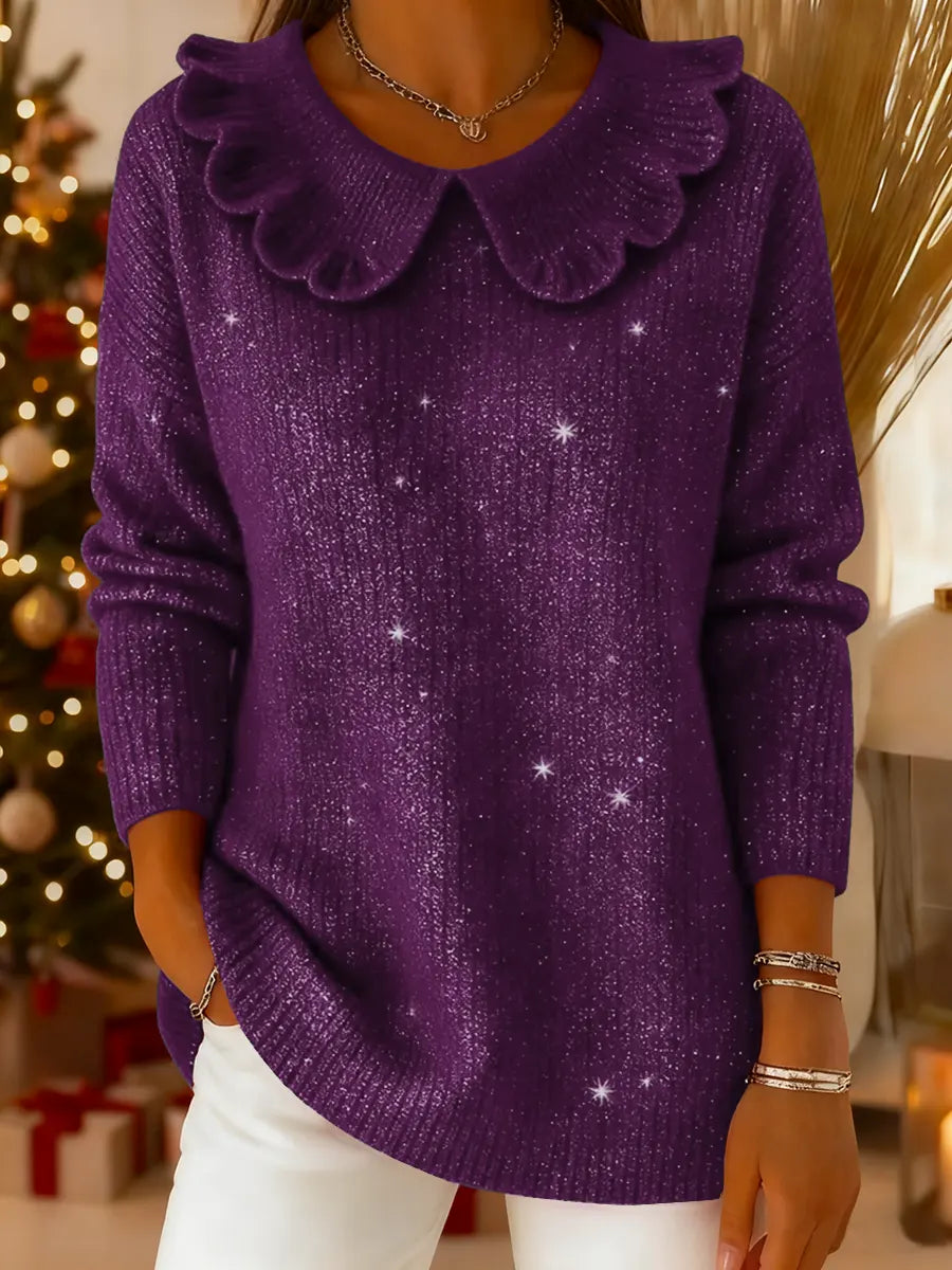 Women's Solid Color Long Sleeve Sweater with Peter Pan Collar, Loose and Casual