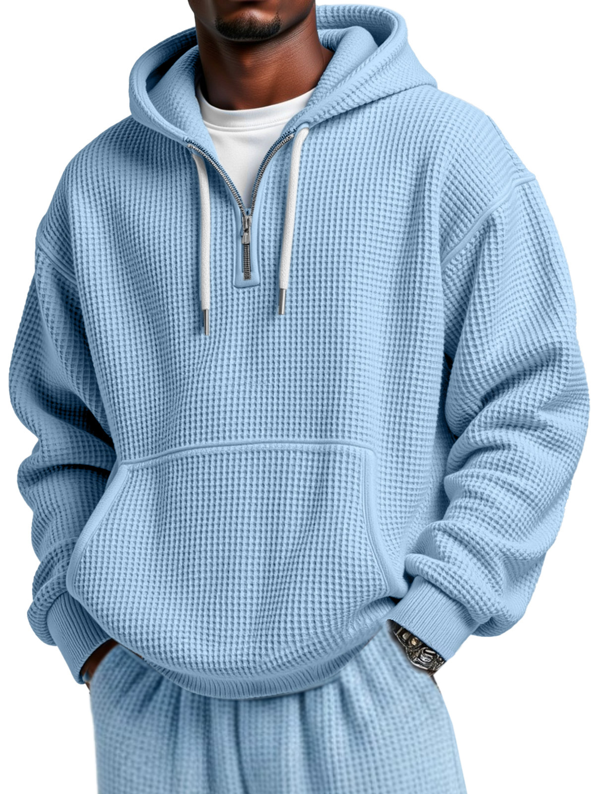 Men's Autumn And Winter Waffle Texture Zipper Hooded Sweatshirt Straight Pants Casual Set