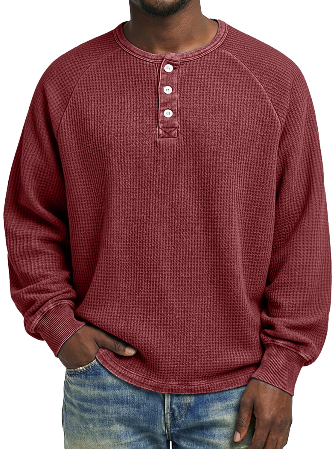 Men's Casual Raglan Sleeve Waffle Knit Comfortable Long-sleeved Henley Shirt