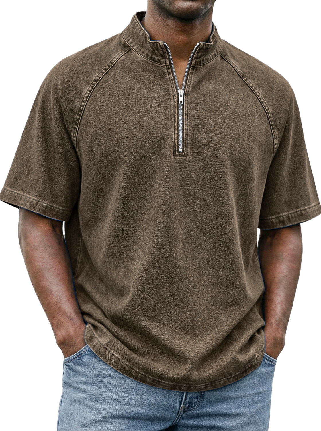 Men's Retro Raglan Sleeve Stand-collar Zip-up Casual Short-sleeved T-shirt