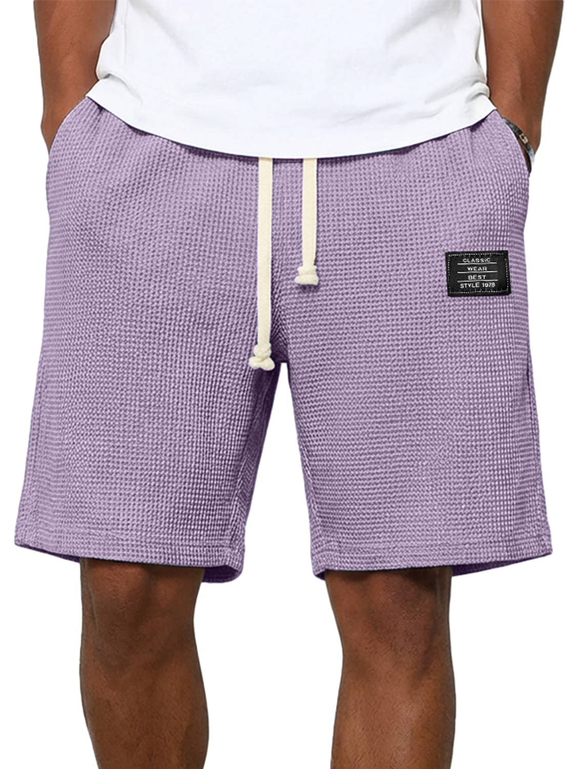 Men's Simple Waffle Embroidered Logo Casual Solid Color Shorts