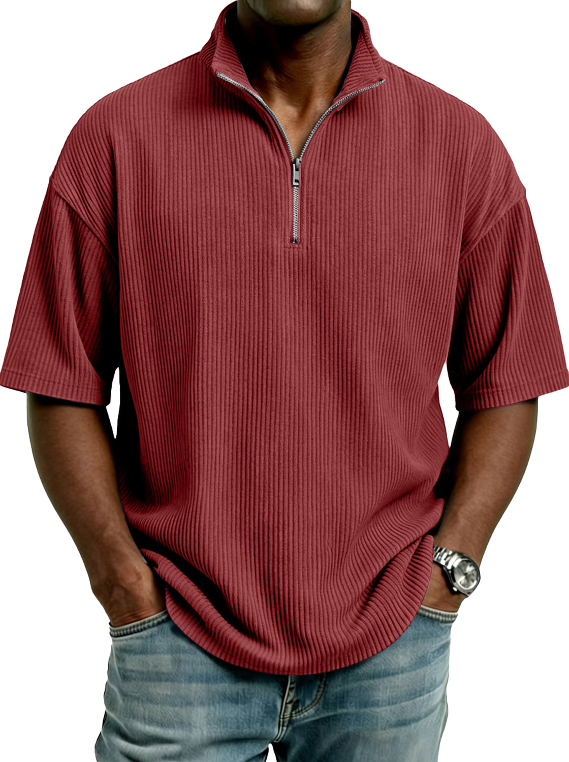 Men's Simple Corduroy Stand-collar Zip-up Casual Short-sleeved T-shirt