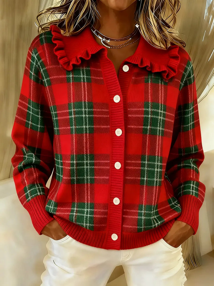 Women's Comfortable Peter Pan Collar Plaid Cardigan Sweater