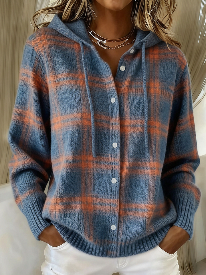 Vintage Soft Check Contrast Hooded Button Knit Cardigan Sweater