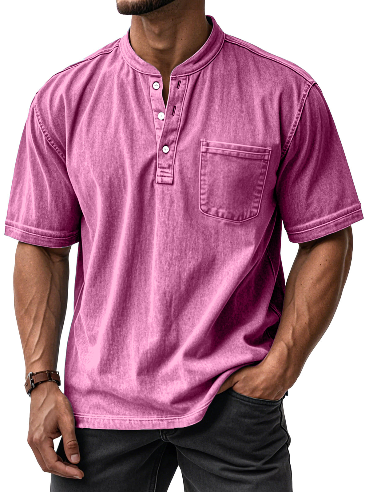 ⏰ TODAY ONLY🔥Clearance Sale!🔥 Men's Casual Solid Color Vintage Loose Pocket Short Sleeve Button-down Henley Shirt