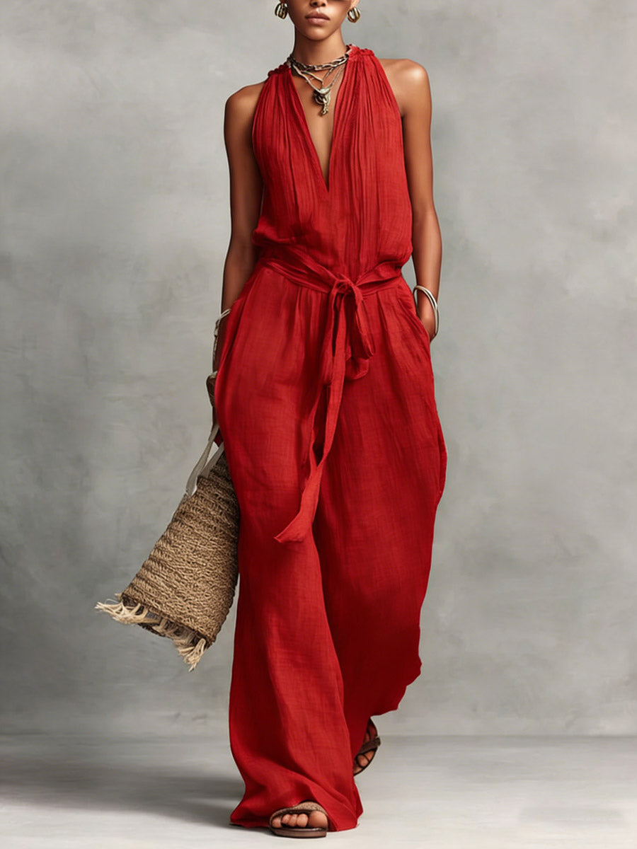 Women's Solid Color V-neck Sleeveless Casual Loose Wide-leg Jumpsuit