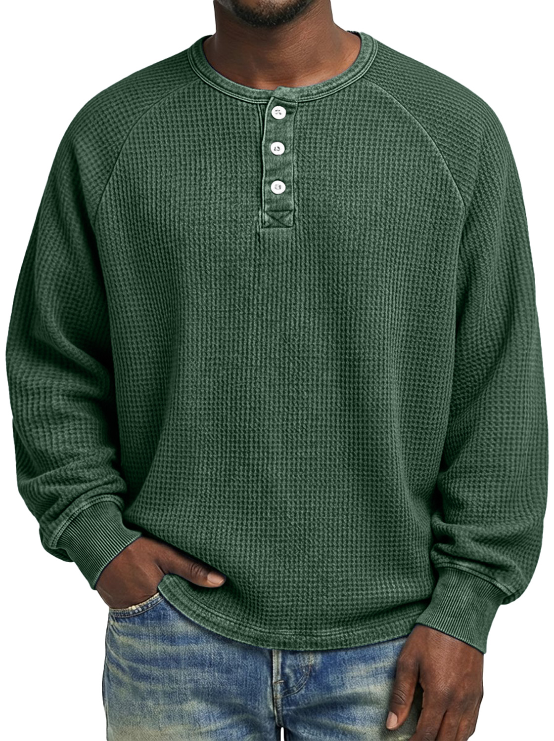 Men's Casual Raglan Sleeve Waffle Knit Comfortable Long-sleeved Henley Shirt