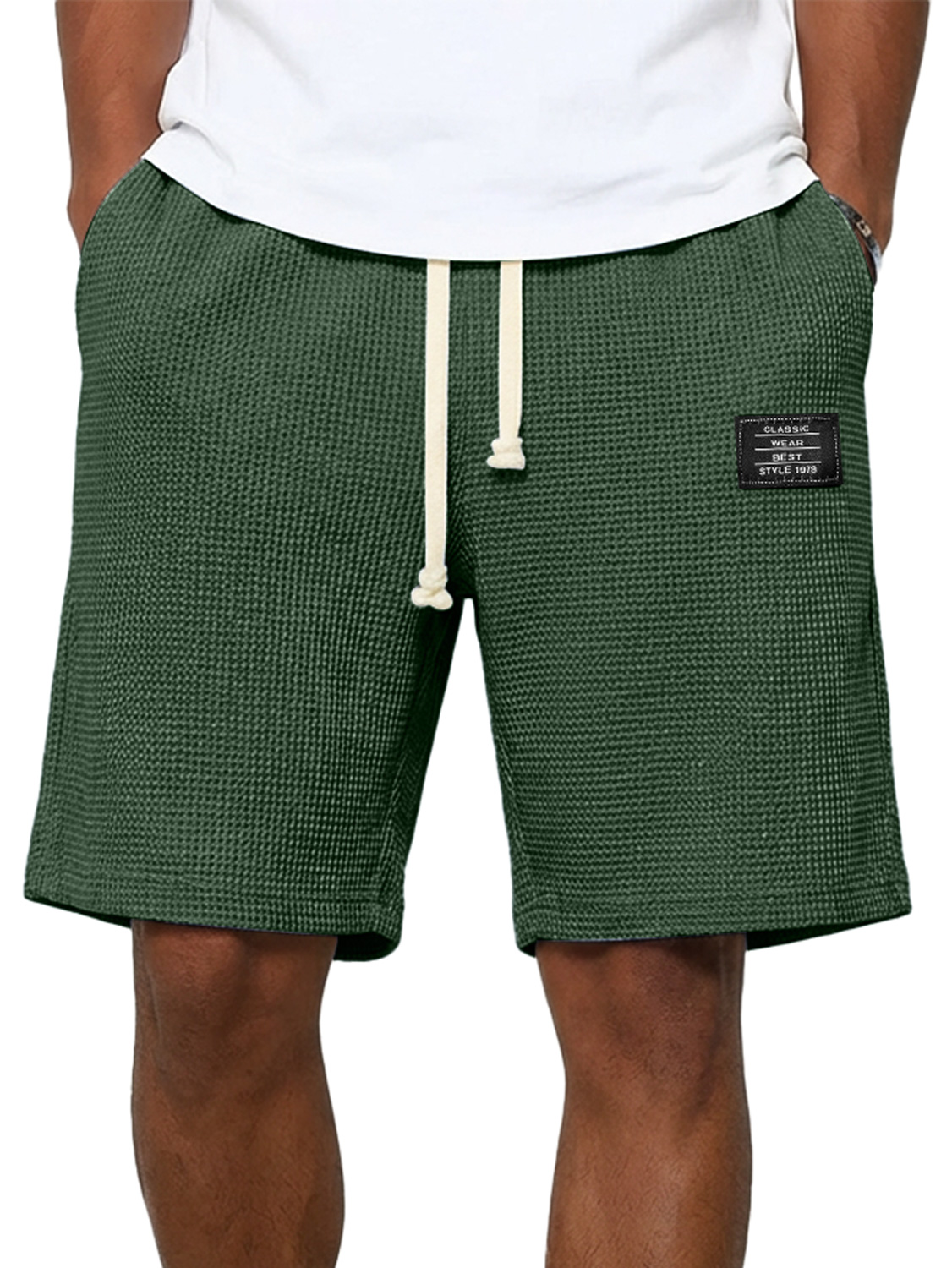 Men's Simple Waffle Embroidered Logo Casual Solid Color Shorts