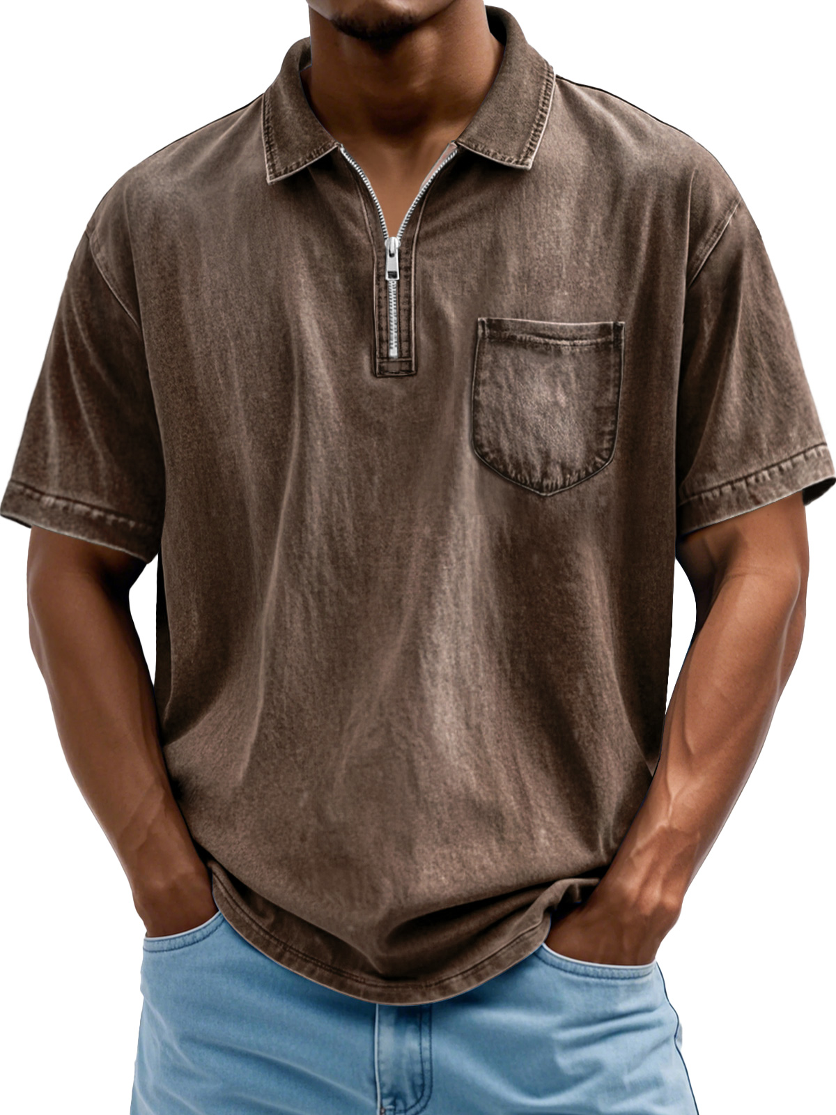 Men's Fashion Retro Lapel Zipper Casual Short Sleeve POLO Shirt