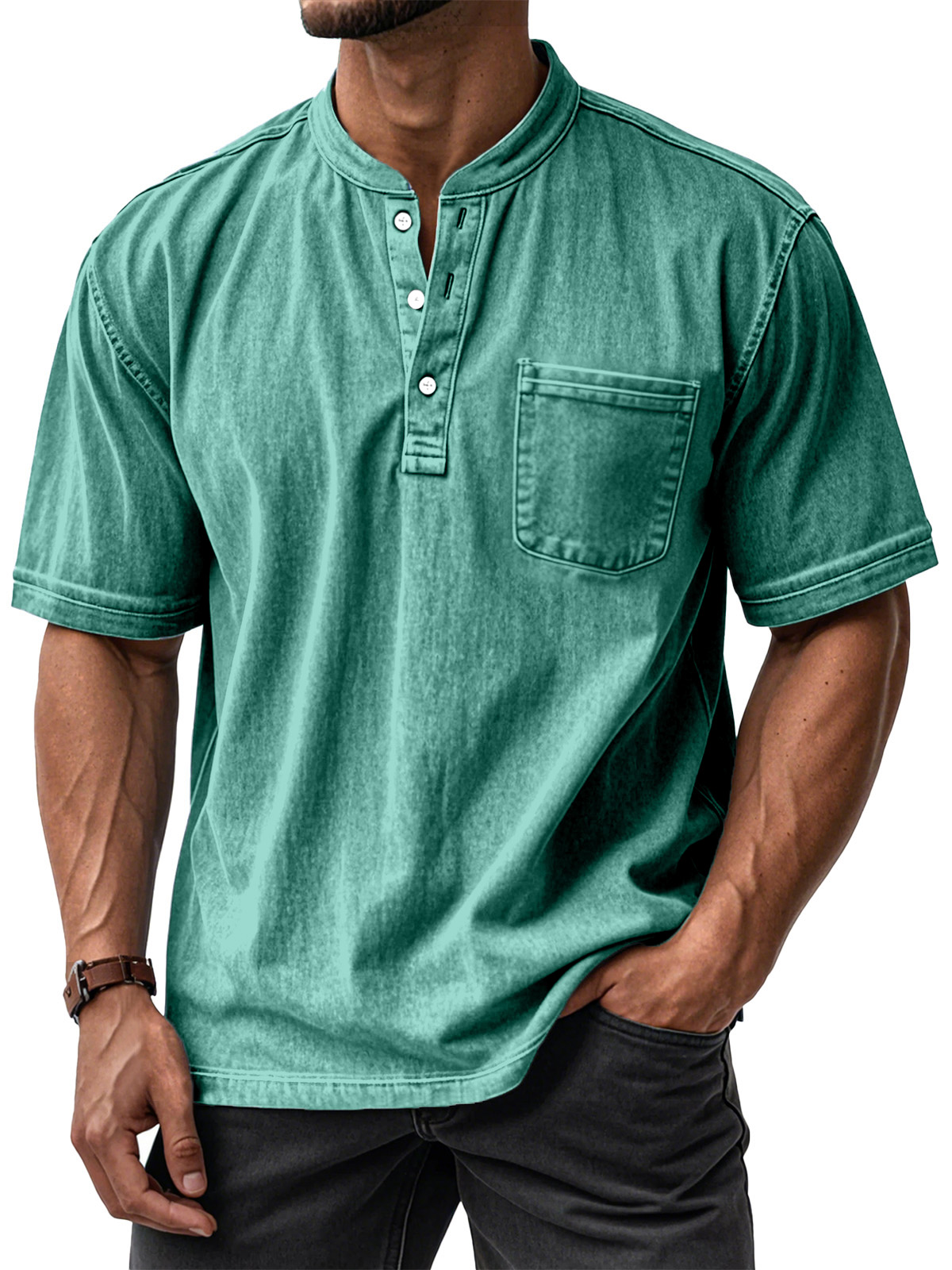 ⏰ TODAY ONLY🔥Clearance Sale!🔥 Men's Casual Solid Color Vintage Loose Pocket Short Sleeve Button-down Henley Shirt