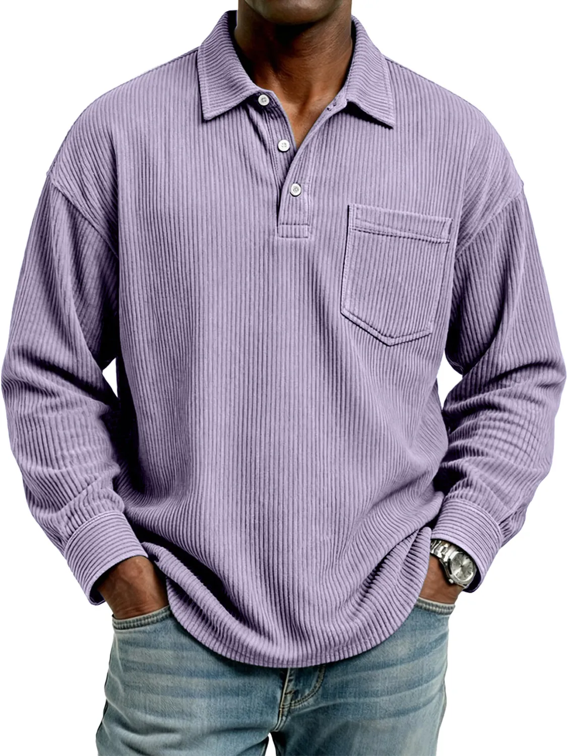 Men's Retro Corduroy Lapel Button Casual Pocket Long-Sleeve Polo Shirt