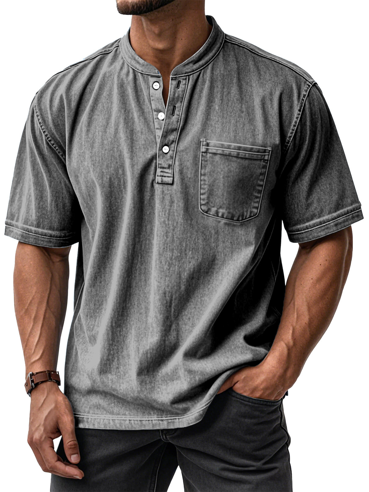 ⏰ TODAY ONLY🔥Clearance Sale!🔥 Men's Casual Solid Color Vintage Loose Pocket Short Sleeve Button-down Henley Shirt