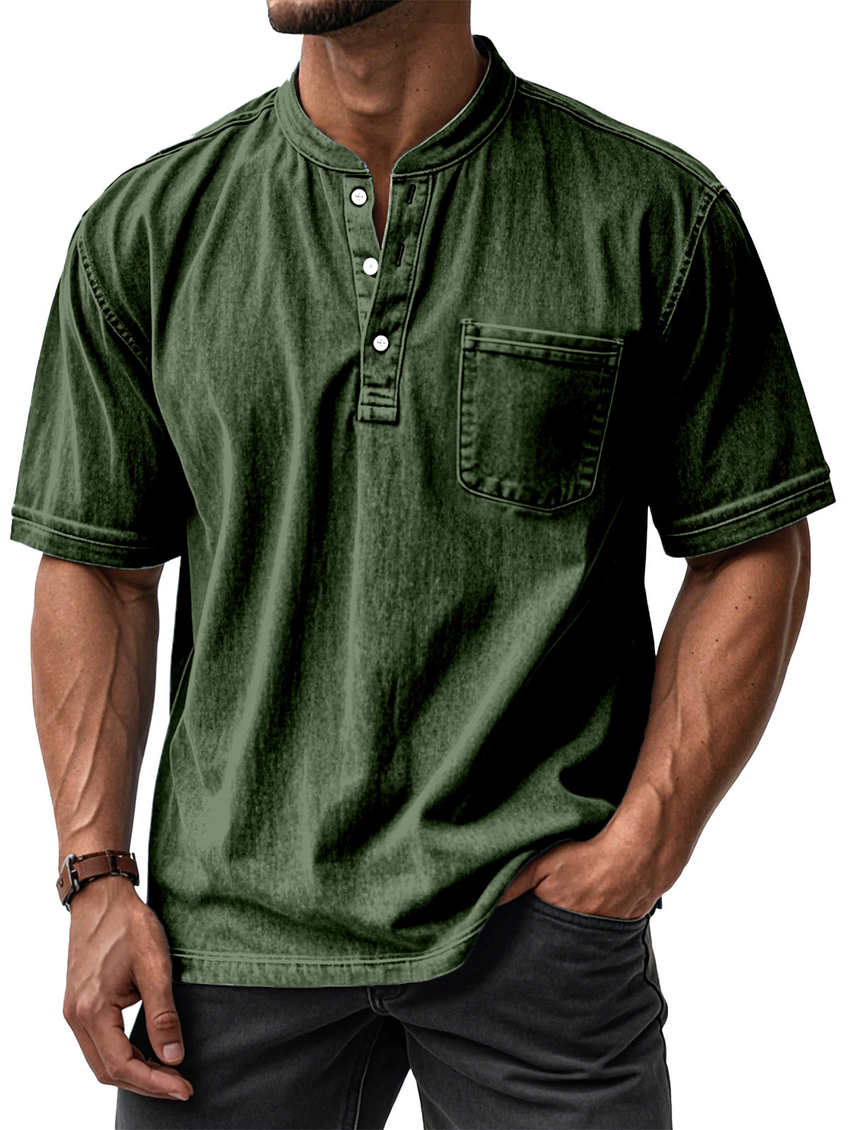 ⏰ TODAY ONLY🔥Clearance Sale!🔥 Men's Casual Solid Color Vintage Loose Pocket Short Sleeve Button-down Henley Shirt