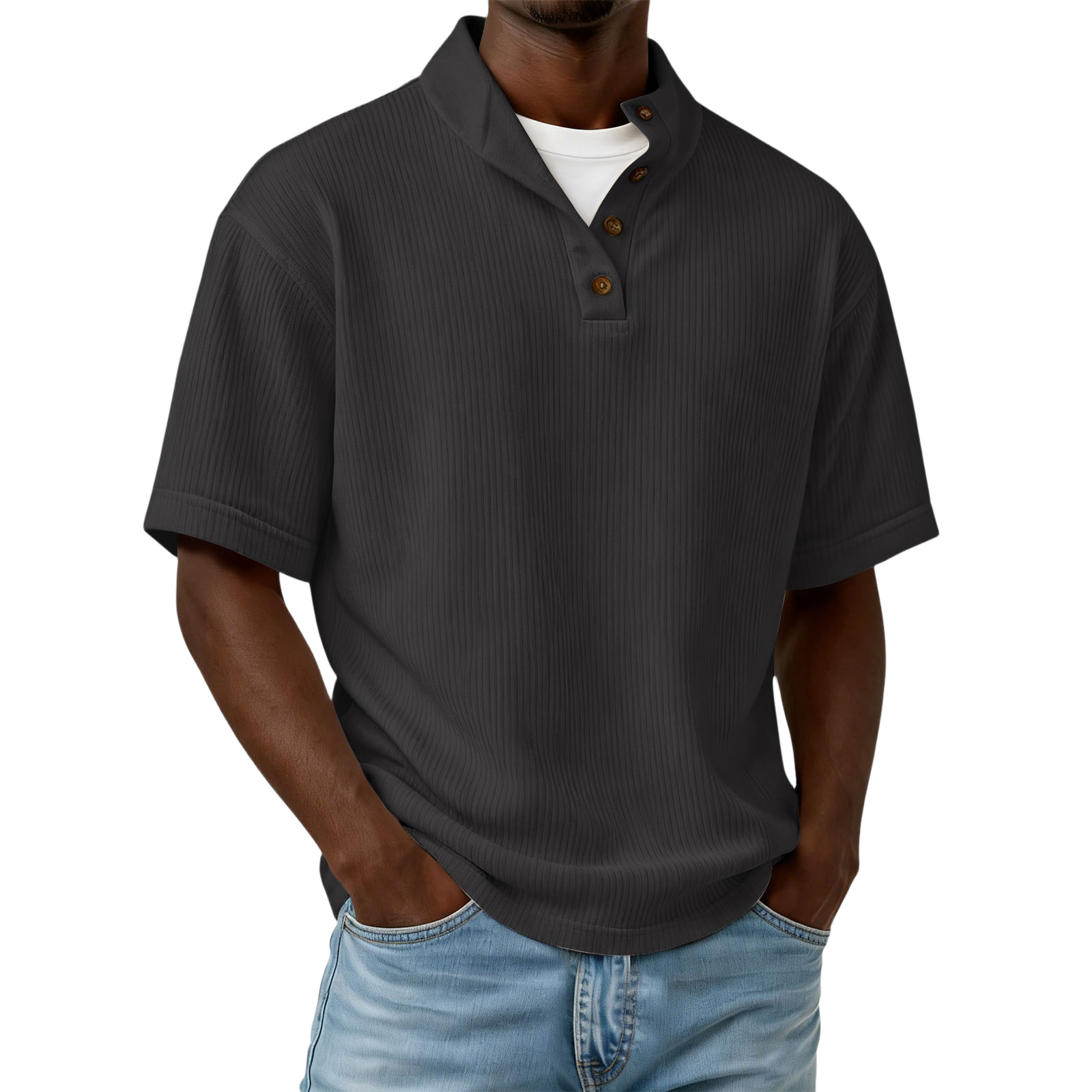 Men's Casual Solid Color Pleated Texture Short-sleeved Button Polo Shirt