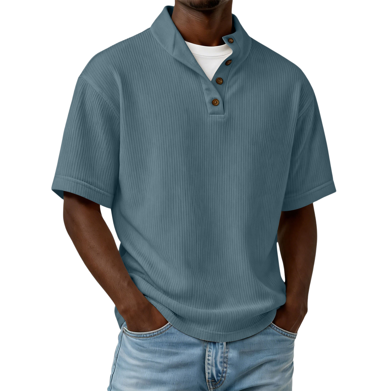 Men's Casual Solid Color Pleated Texture Short-sleeved Button Polo Shi