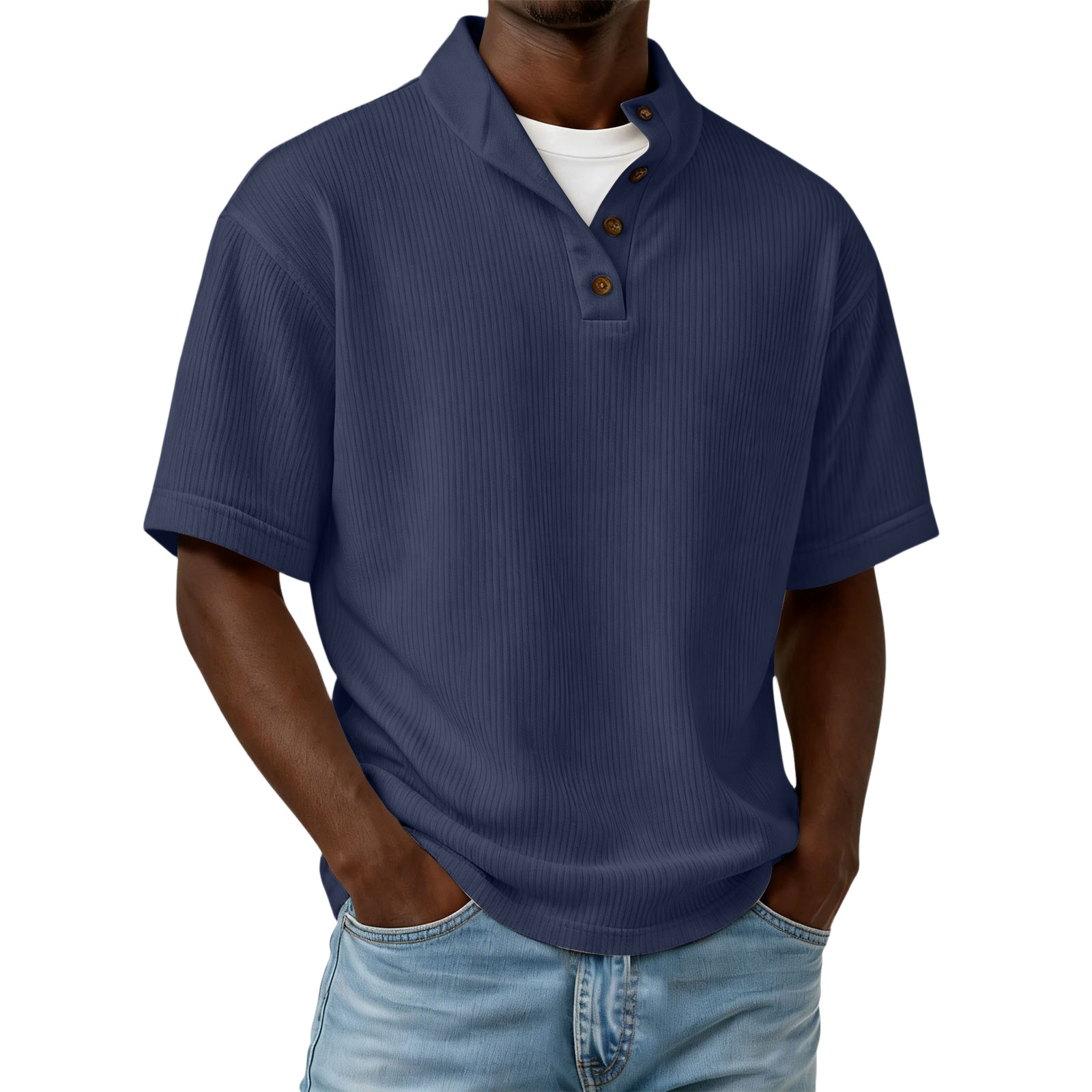 Men's Casual Solid Color Pleated Texture Short-sleeved Button Polo Shirt