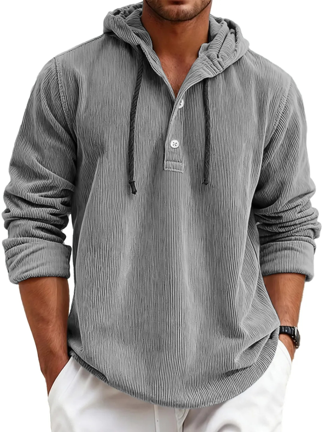 Men's striped pearl cotton half-shirt with hood and button-down design