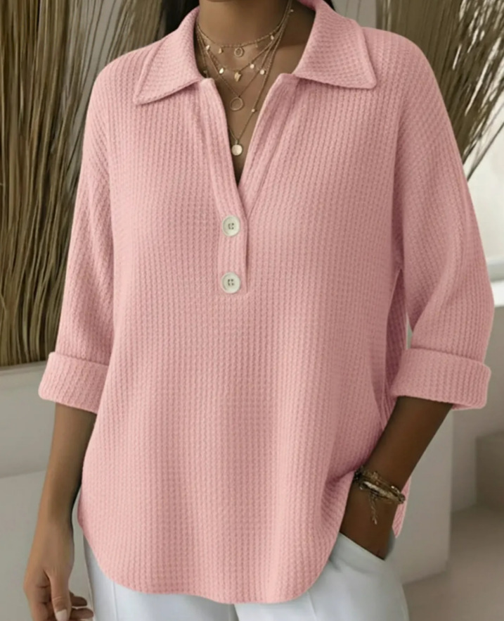 Essential for Spring and Autumn Seasons-Women's new stylish loose-fitting waffle-knit long-sleeved shirt