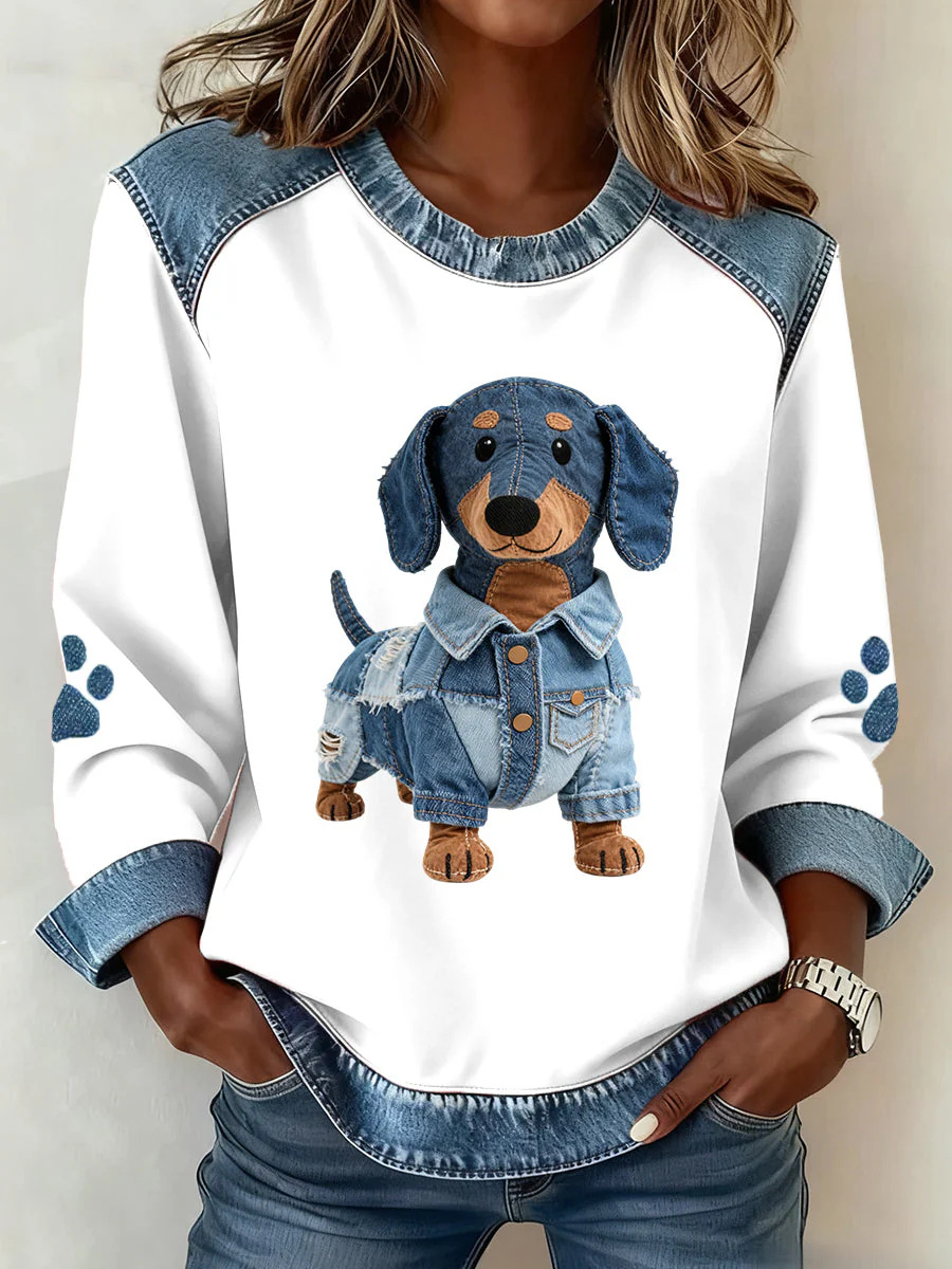 Women’s Denim Color Block Animal Print Crewneck Sweatshirt