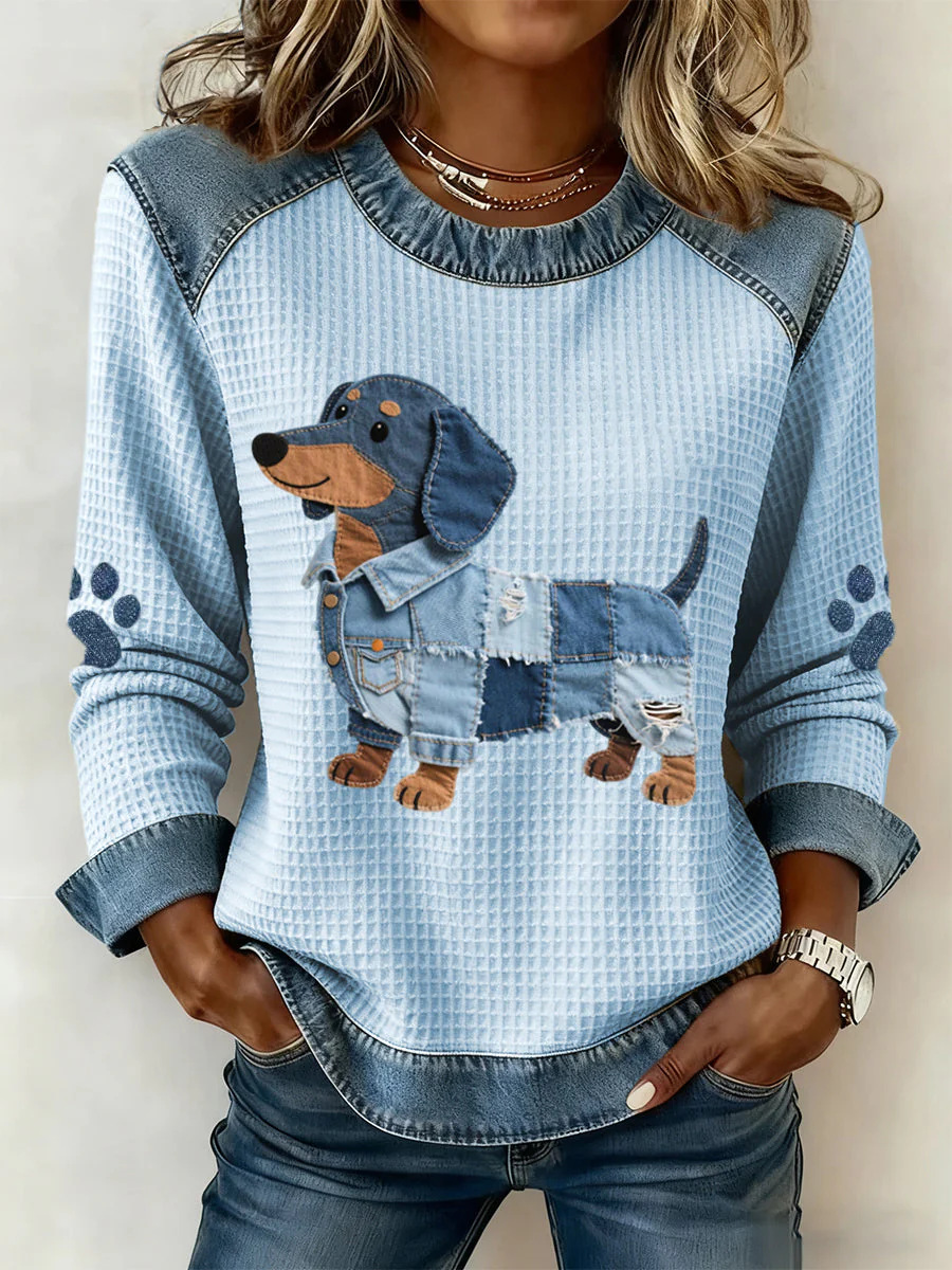 Women’s Denim Color Block Animal Print Crewneck Sweatshirt