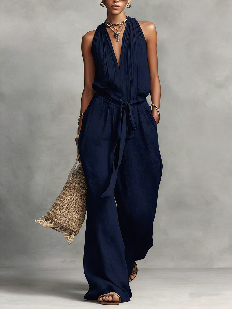 Women's Solid Color V-neck Sleeveless Casual Loose Wide-leg Jumpsuit