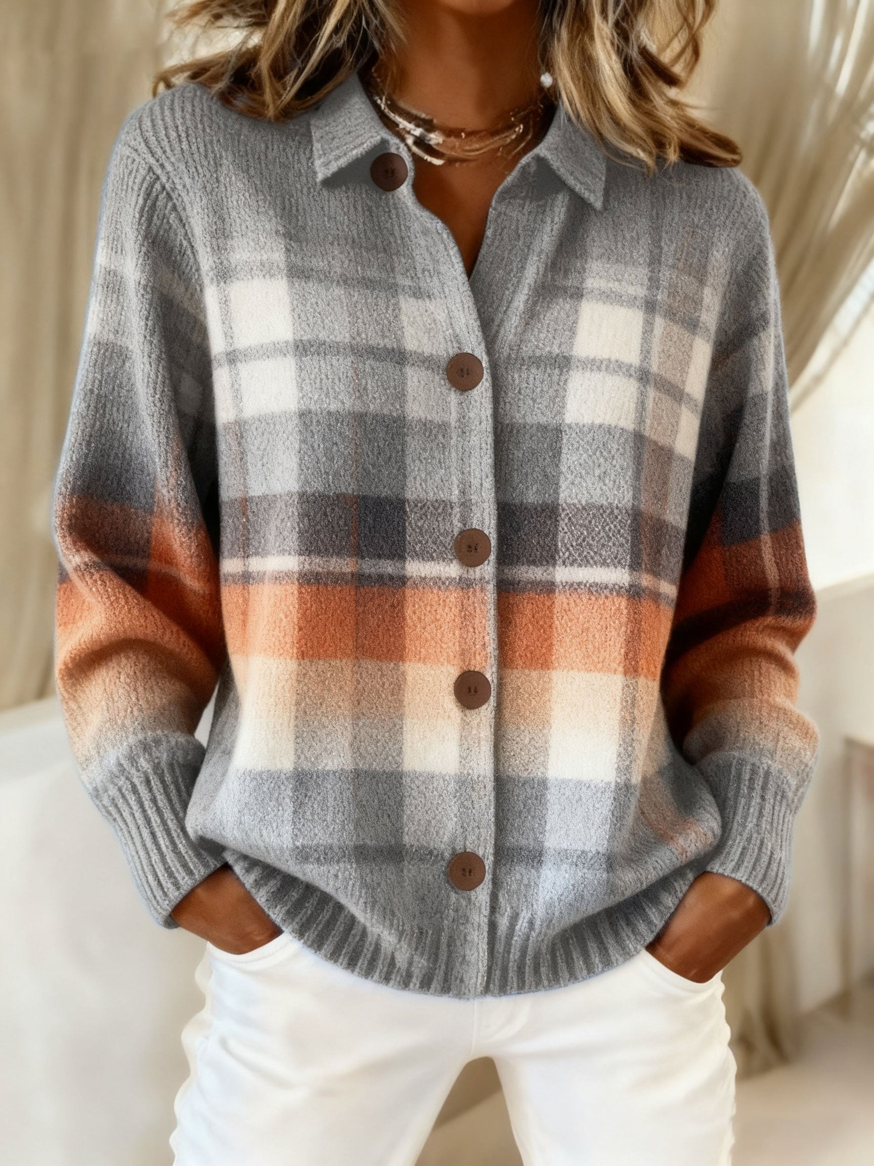 Women's  Vintage Plaid Art Print Casual Sweater