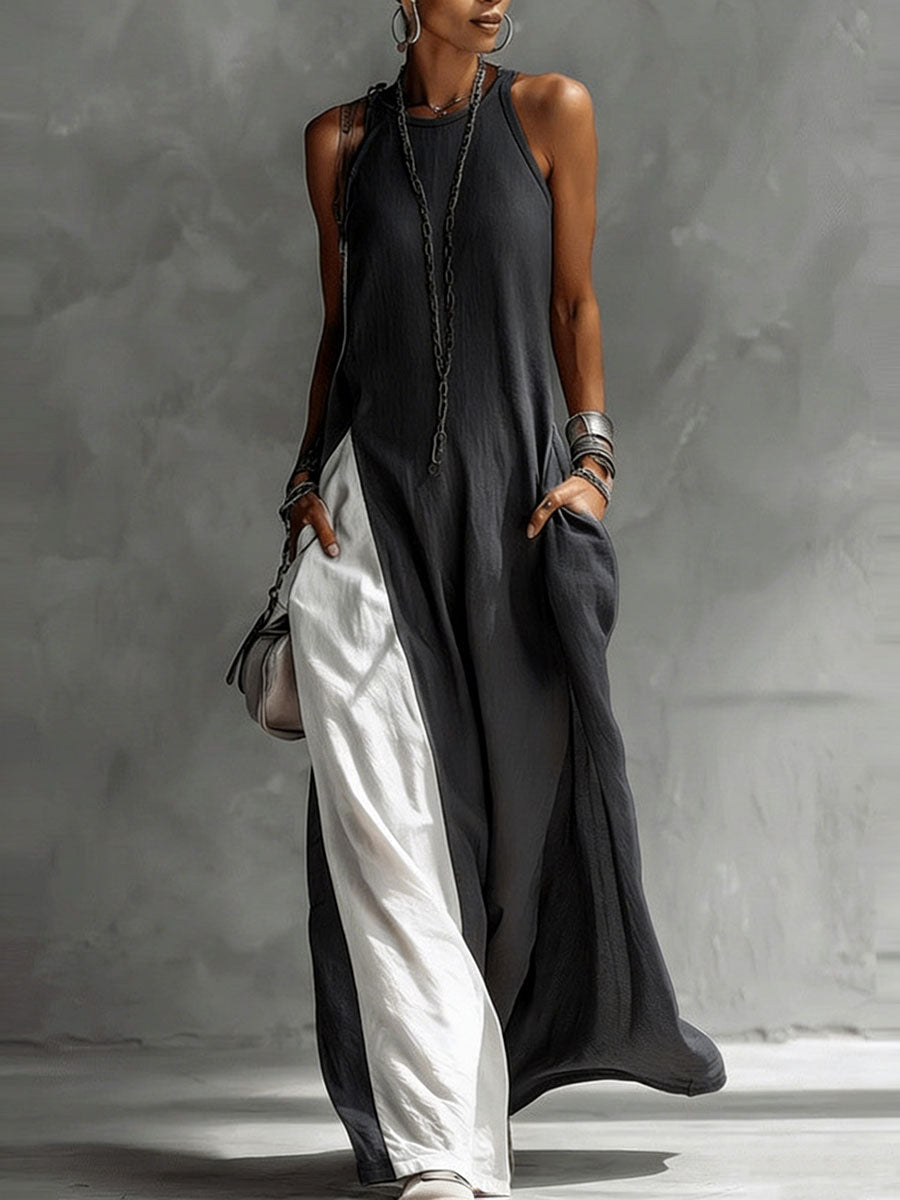 Women's Sleeveless Round Neck Loose Pocket Color-blocked Casual Off-shoulder Dress