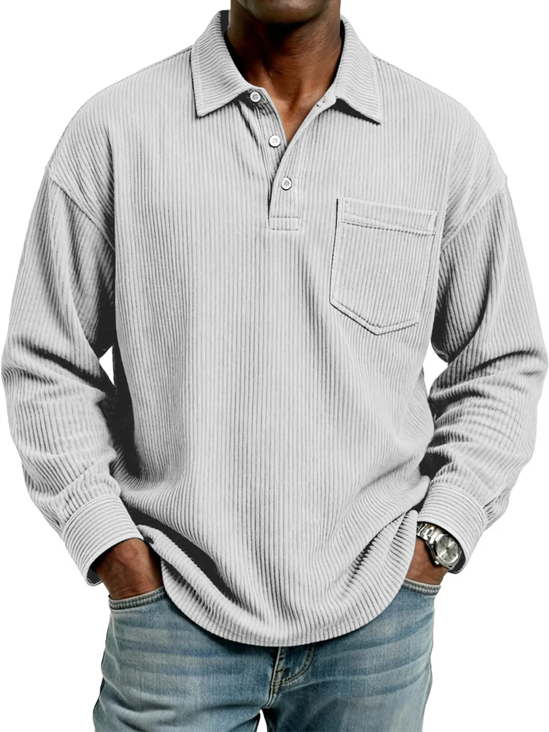 Men's Retro Corduroy Lapel Button Casual Pocket Long-Sleeve Polo Shirt