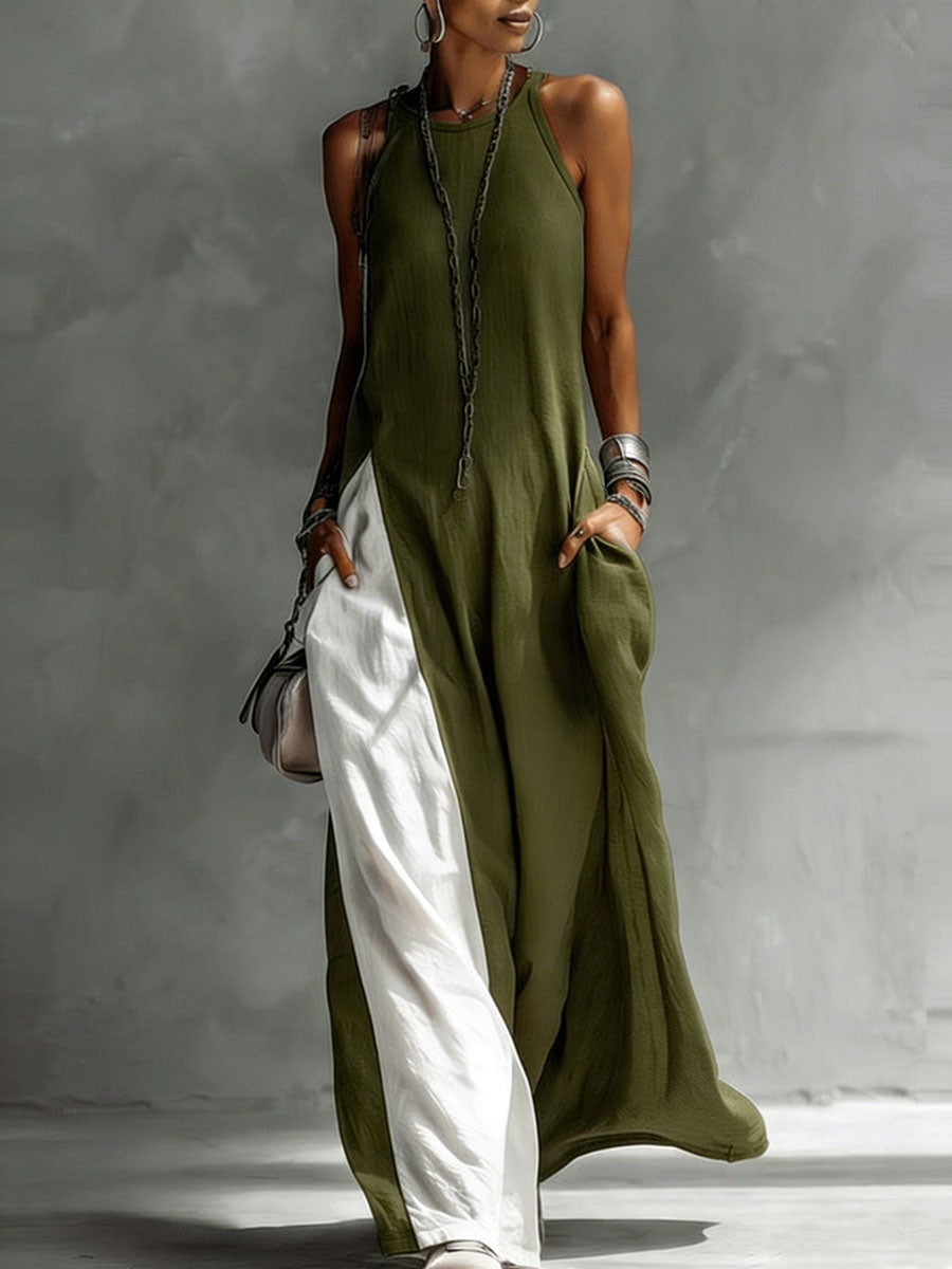 Women's Sleeveless Round Neck Loose Pocket Color-blocked Casual Off-shoulder Dress