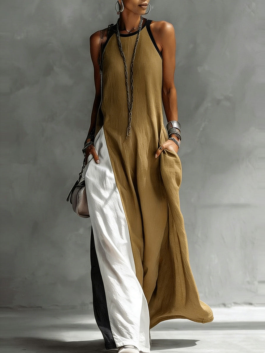 Women's Sleeveless Round Neck Loose Pocket Color-blocked Casual Off-shoulder Dress