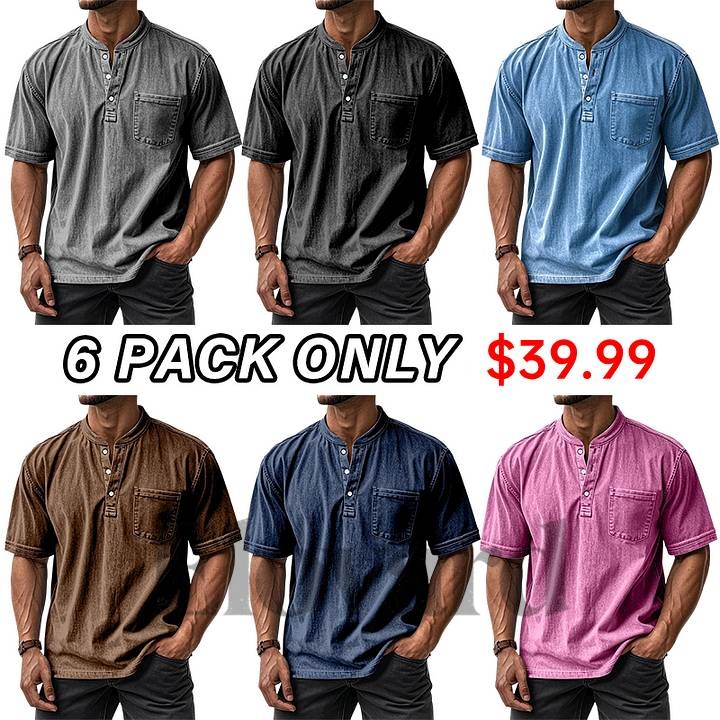 ⏰ TODAY ONLY🔥Clearance Sale!🔥 Men's Casual Solid Color Vintage Loose Pocket Short Sleeve Button-down Henley Shirt