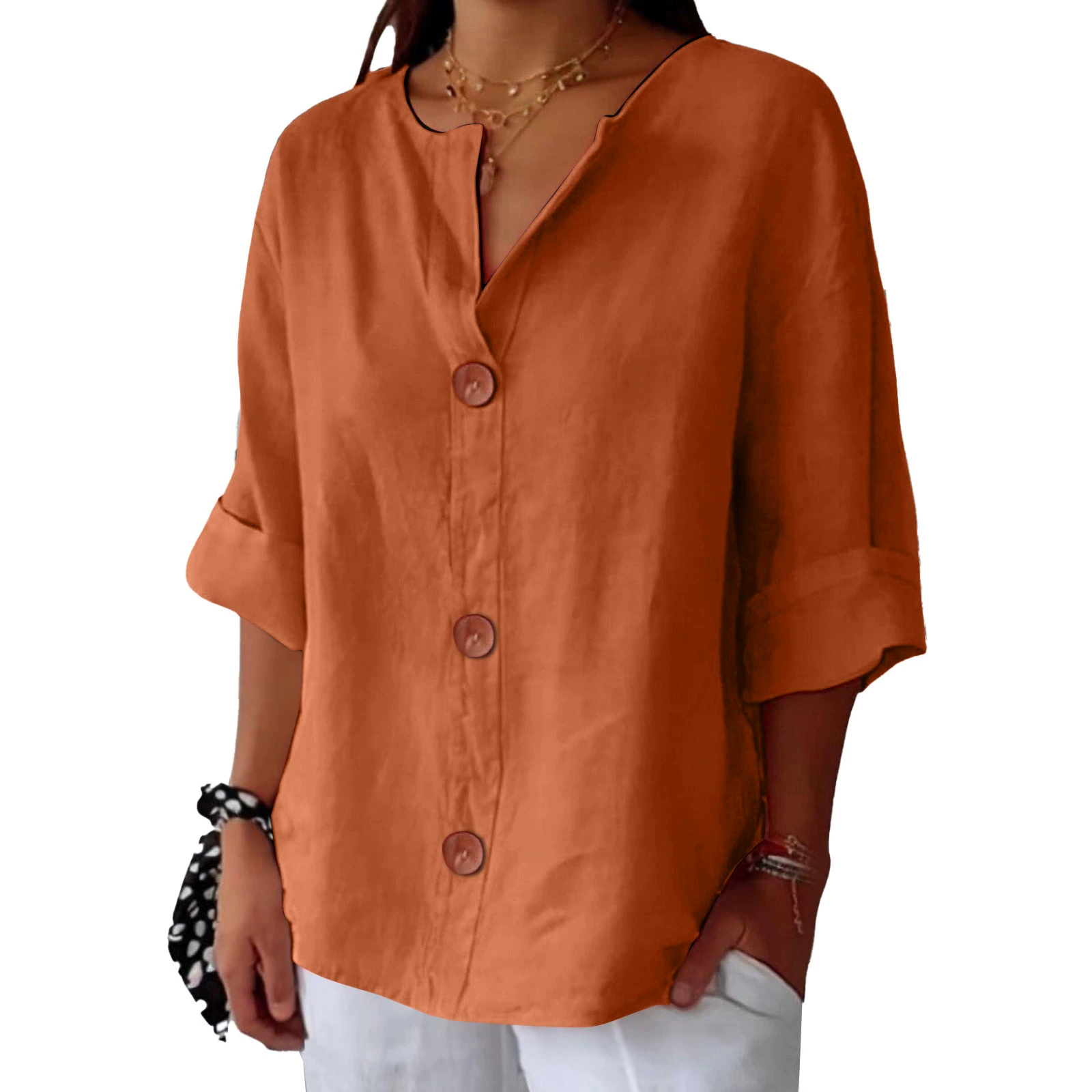 Women's V-Neck Cotton-Linen Button-Up Top