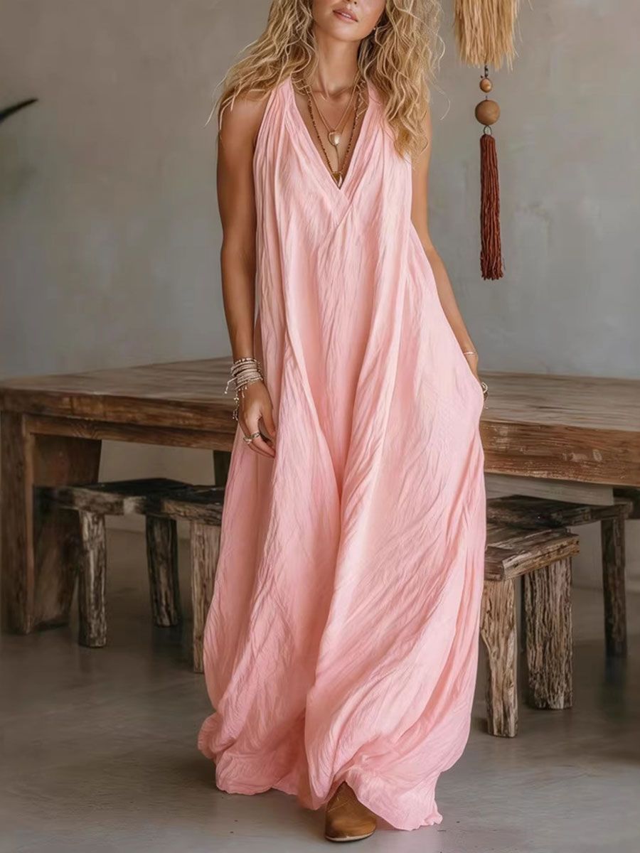 Women's Casual Sleeveless Loose Pocket Vest Long Dress