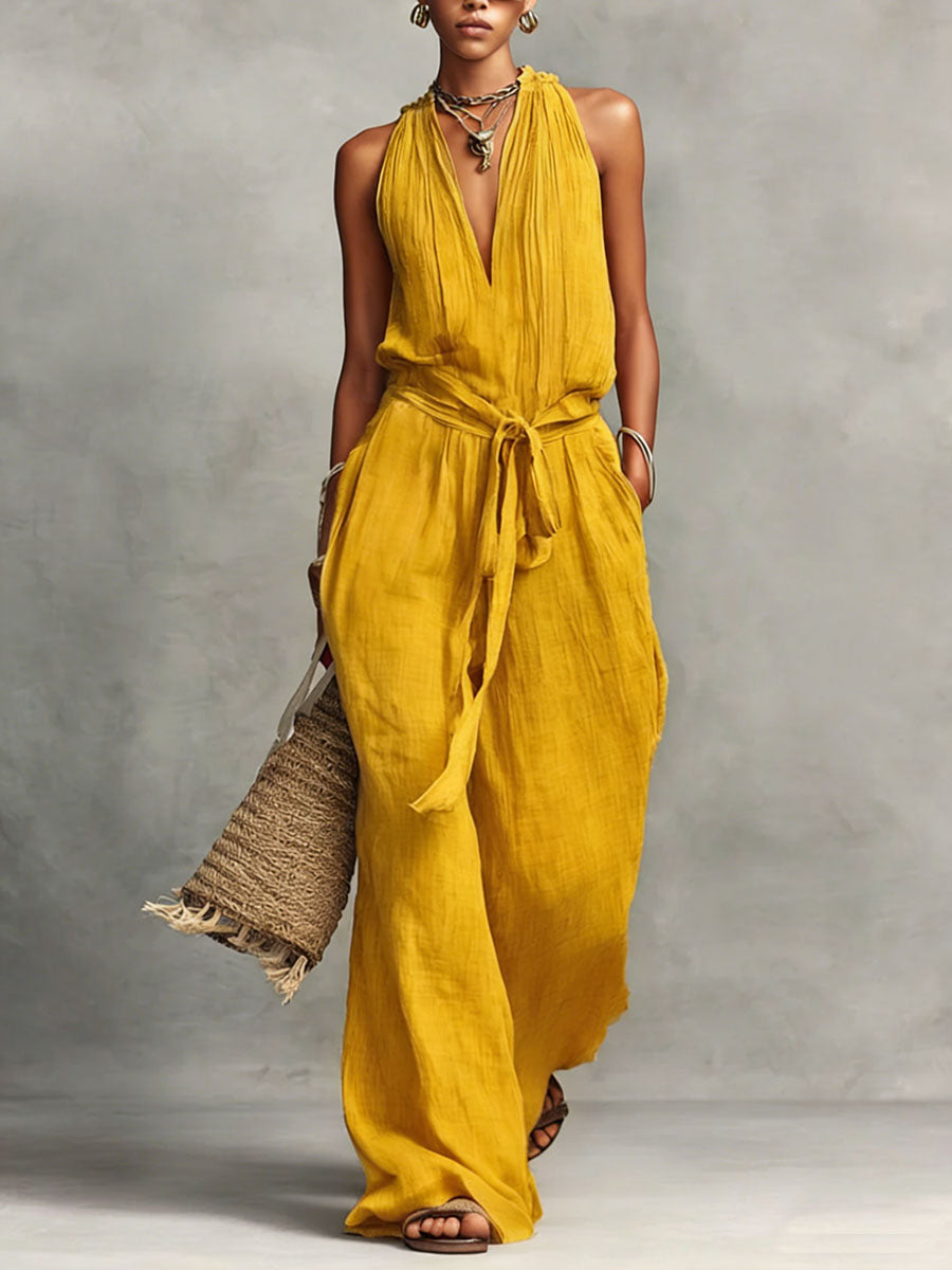 Women's Solid Color V-neck Sleeveless Casual Loose Wide-leg Jumpsuit