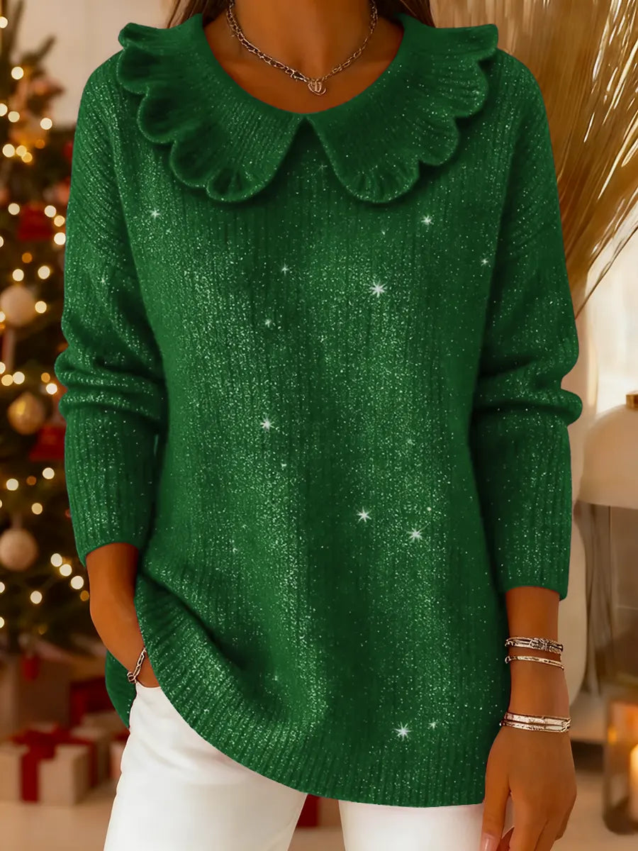 Women's Solid Color Long Sleeve Sweater with Peter Pan Collar, Loose and Casual