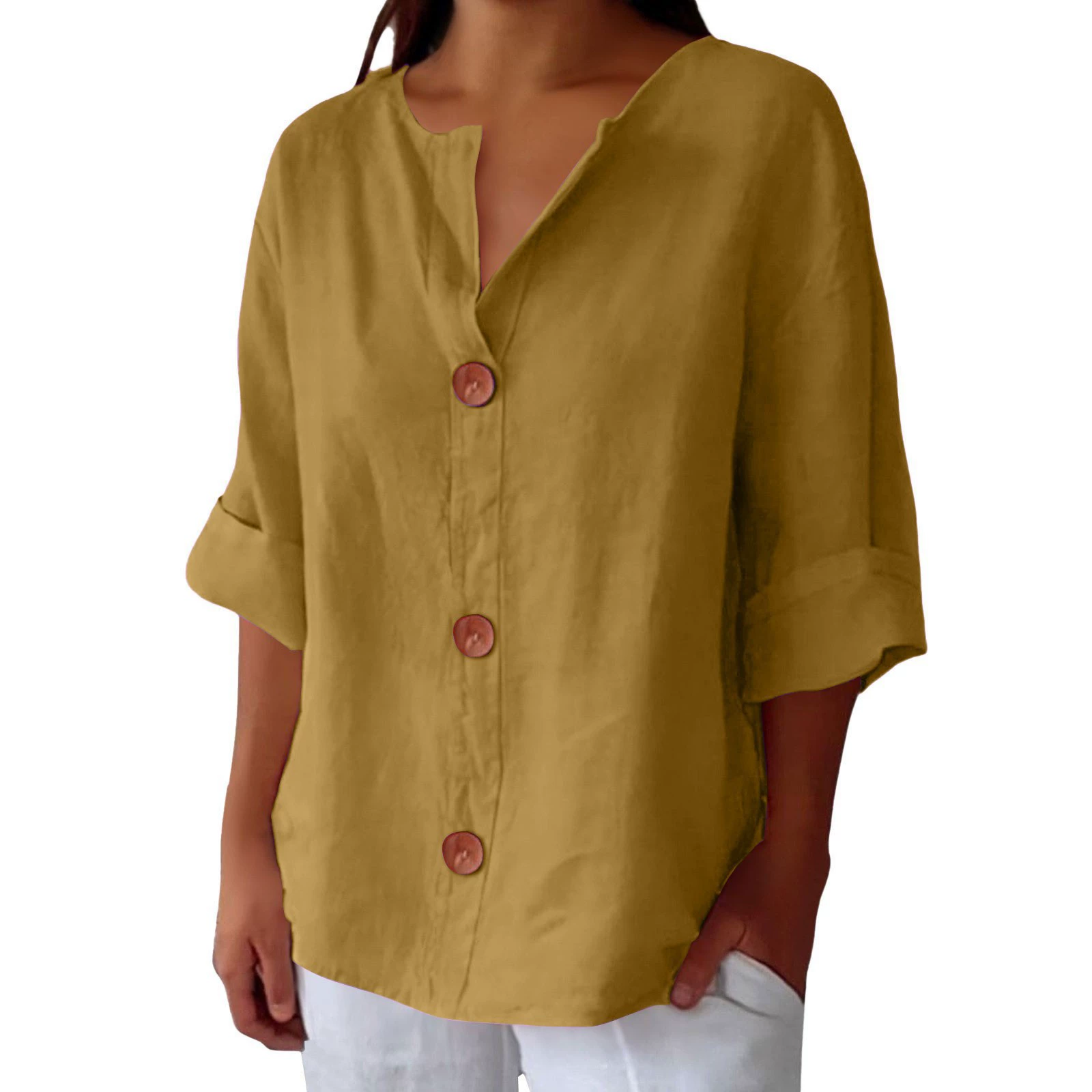 Women's V-Neck Cotton-Linen Button-Up Top