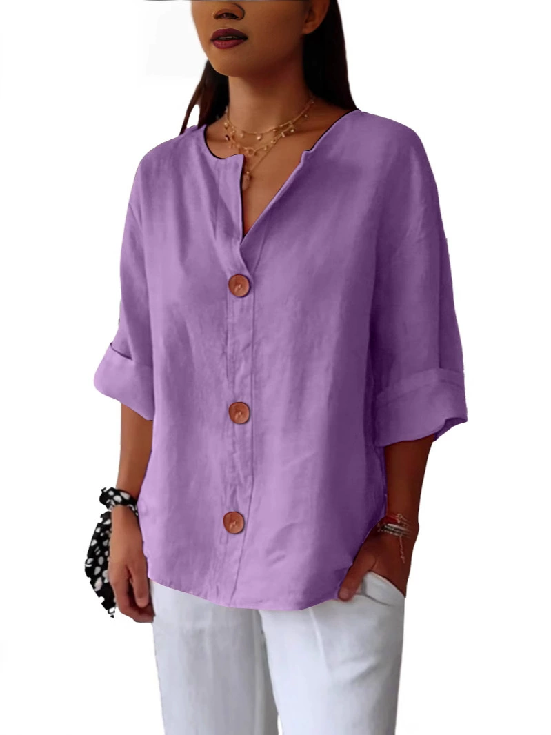 Women's V-Neck Cotton-Linen Button-Up Top