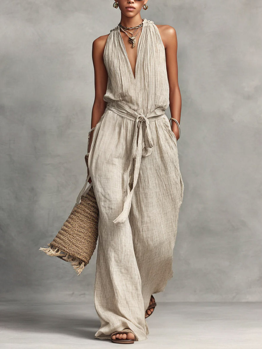 Women's Solid Color V-neck Sleeveless Casual Loose Wide-leg Jumpsuit