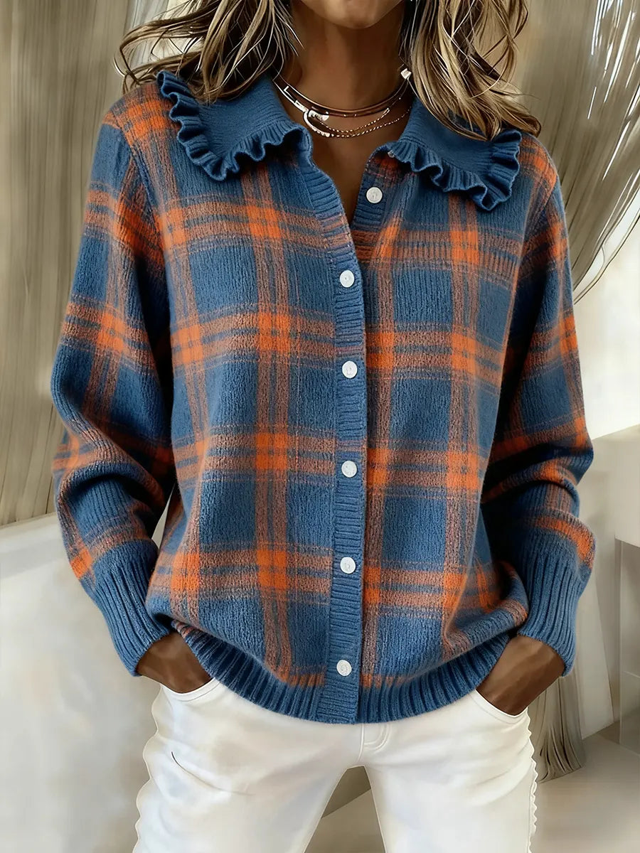 Women's Comfortable Peter Pan Collar Plaid Cardigan Sweater