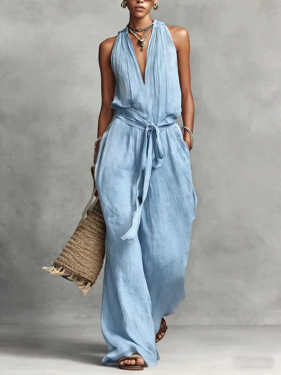 Women's Solid Color V-neck Sleeveless Casual Loose Wide-leg Jumpsuit