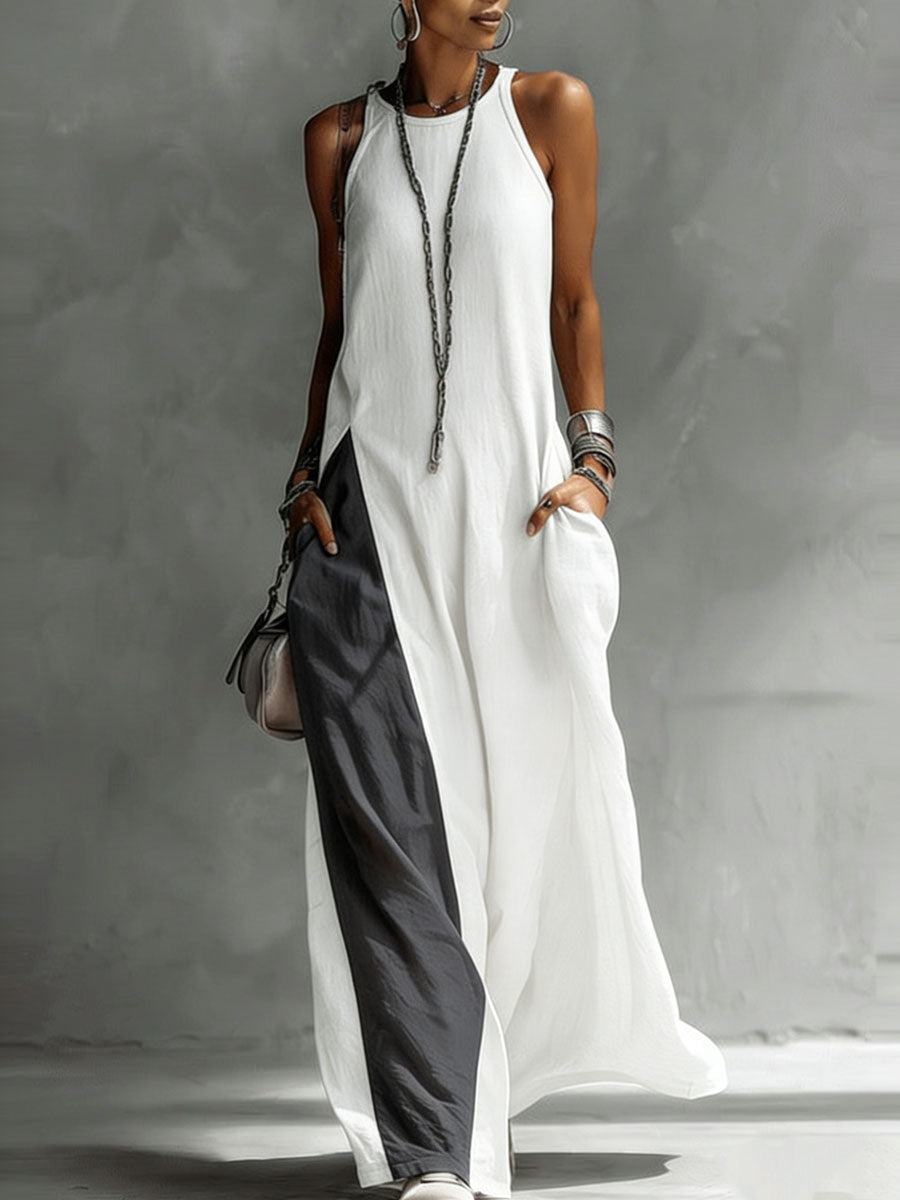 Women's Sleeveless Round Neck Loose Pocket Color-blocked Casual Off-shoulder Dress