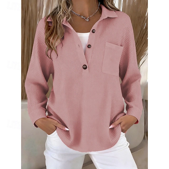 Women's V-neck button-up waffle knit solid color loose-fitting long-sleeved top
