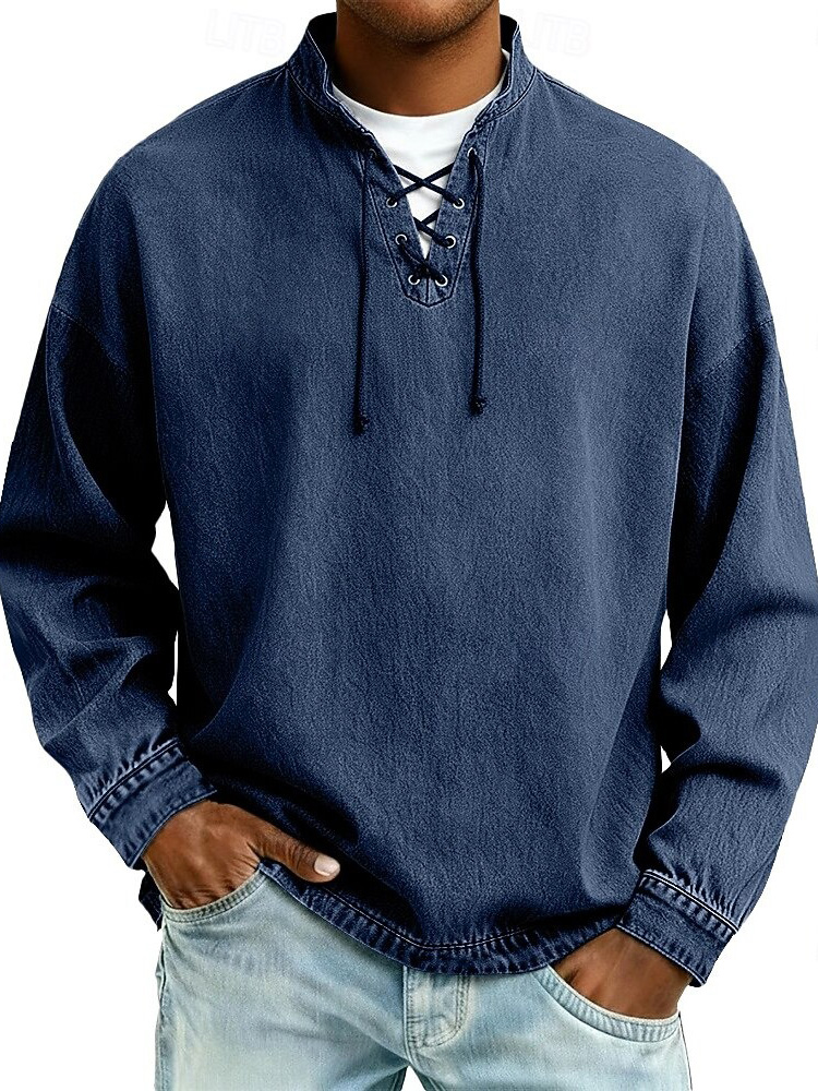 Men's Fashion Retro Distressed Drawstring Long-Sleeve Top